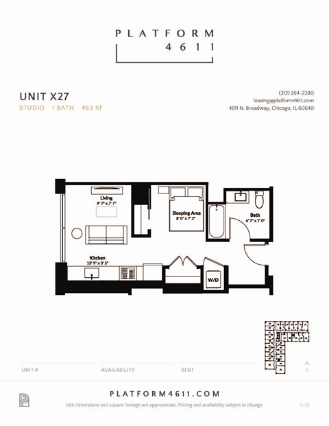 Floor plan for studio, 1 bath, 463 sqft